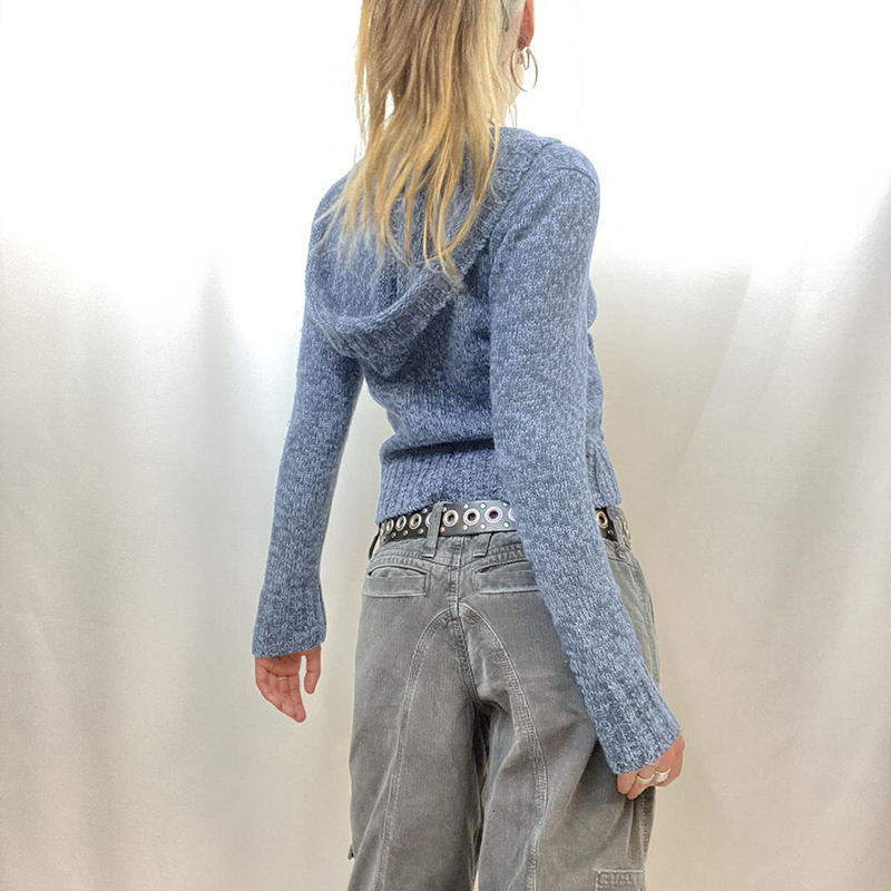 Women's Knits Tees Y2K Retro Zip Up Knitted Sweater with Hooded Chic Women Autumn Long Sleeve Slim Fit Jumpers Harajuku Grunge Vintage Cardigans 