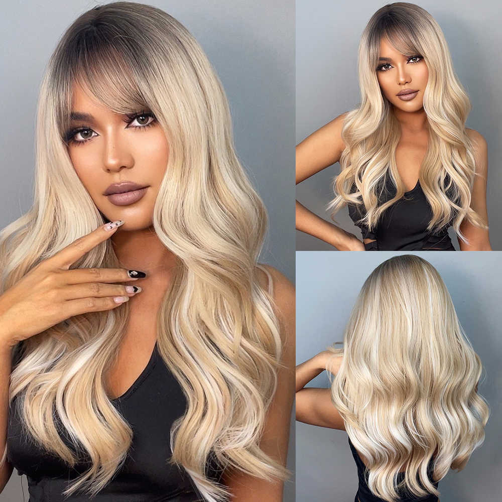 Synthetic Wigs Easihair Grey Ombre Wavy Wigs Long Synthetic for Women with Bangs Natural Hair Heat Resistant Cosplay 230227 Hair Wigs