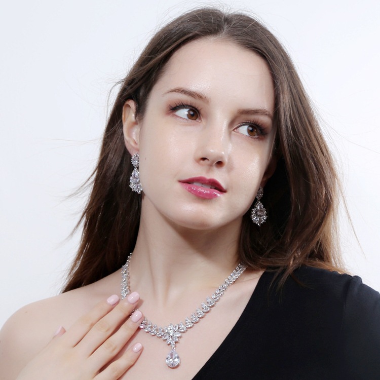 Water Drop Lab Diamond Jewelry set 14K White Gold Engagement Wedding Earrings Necklace For Women Bridal Promise Gift