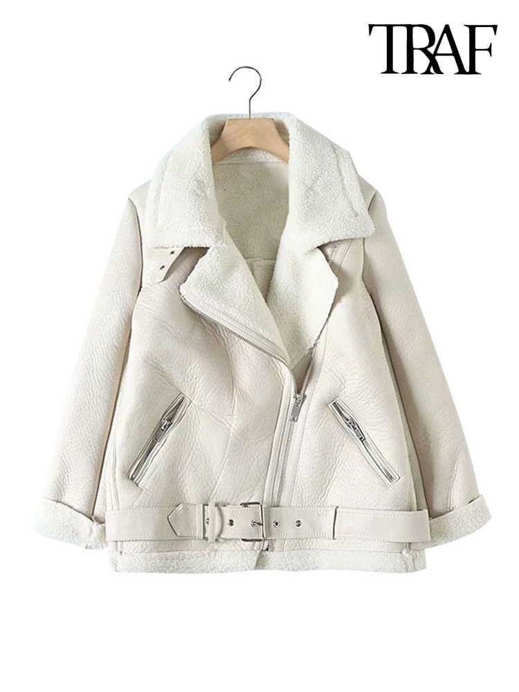 Women's Jackets TRAF Women Fashion Thick Warm Winter Fur Faux Leather Oversized Jacket Coat Vintage Long Sleeve Female Outerwear Chic Tops 230301
