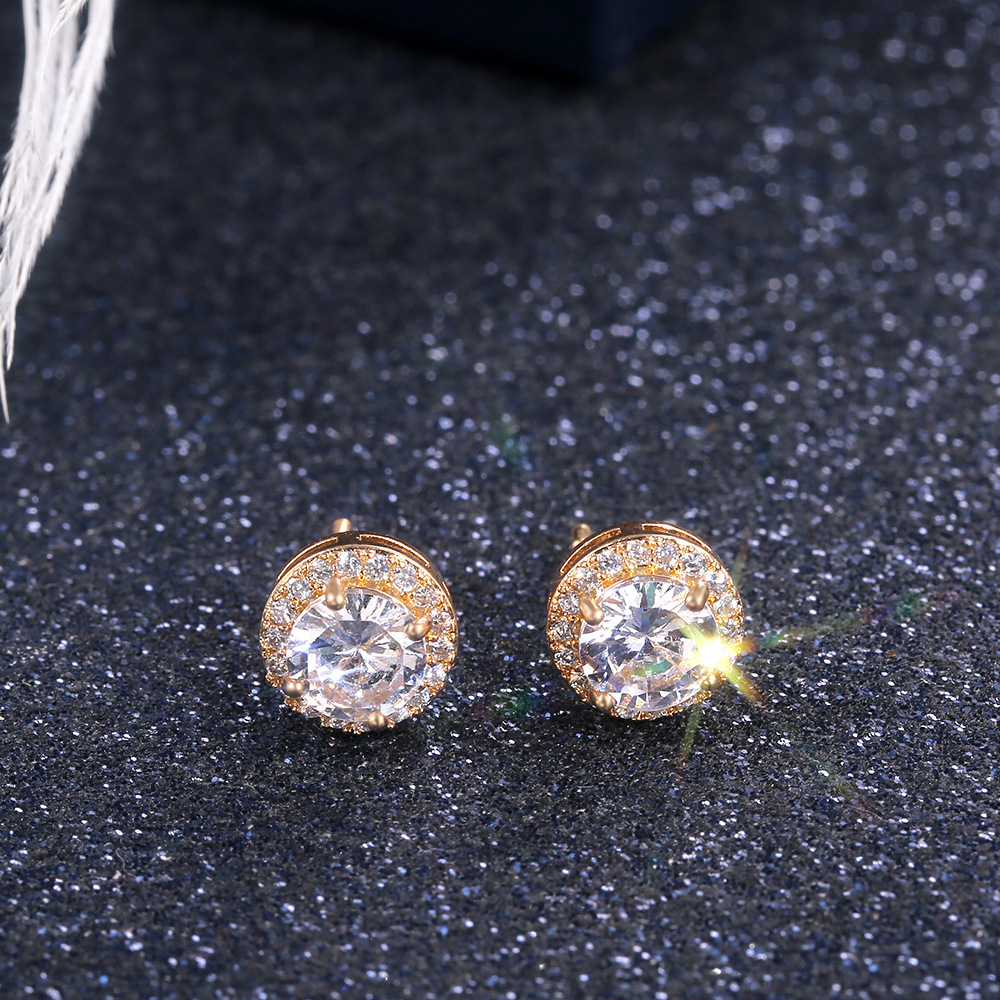 Round Zircon Women Stud Earrings With Green Stone Silver Color Studs Ear Girl Druzy Earrings Jewelry Gift