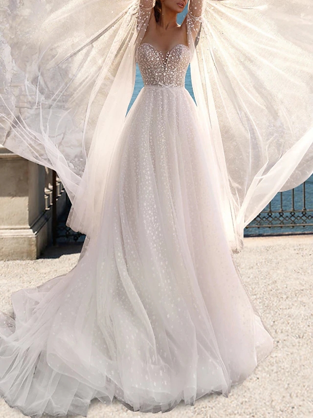 Beach Boho Wedding Dress Sweep Train A-Line Long Sleeve Strapless Tulle Bow 2023 Bridal Gowns Sexy Sequined Robe De Mariee