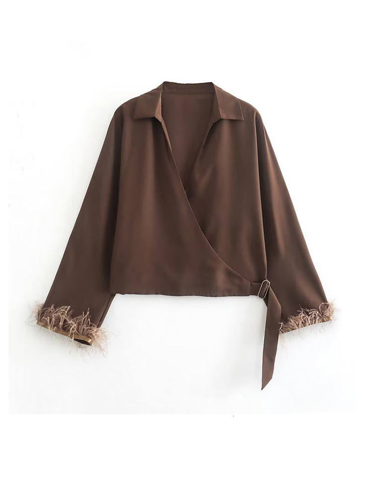 Women's Blouses Shirts Women Elegant Flare Long Sleeve With Feather Blouse Female Lapel Lace Up V-Neck Blouses Spring Streetwear Lady Outfits 230