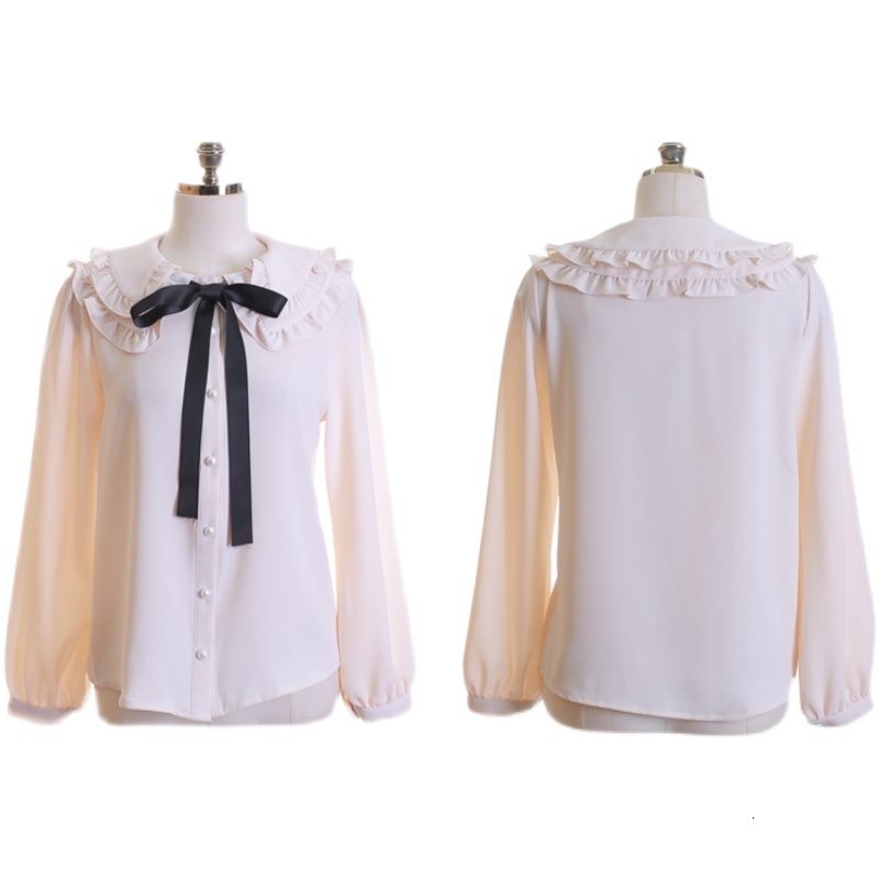 Women's Blouses Shirts fashion Doll collar Chiffon shirt Women's Long-sleeved Office lady Tops Autumn Bow tie Single-breasted Button Blouse 
