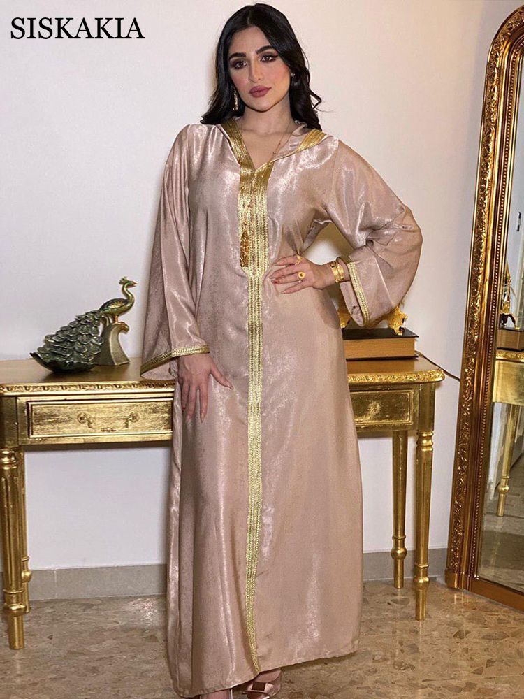 Casual Dresses Siskakia Dubai Arabic Muslim Abaya Dress for Women Fall Champagne Moroccan Kaftan Hooded Robe Turkish Islamic Jalabiya 230302