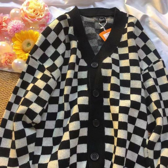 Women's Knits Tees checkerboard Cardigans women Long Sleeve Knitted Sweater Women Korean Pink Sweaters Cardigan Female Jacket with Buttons 230302