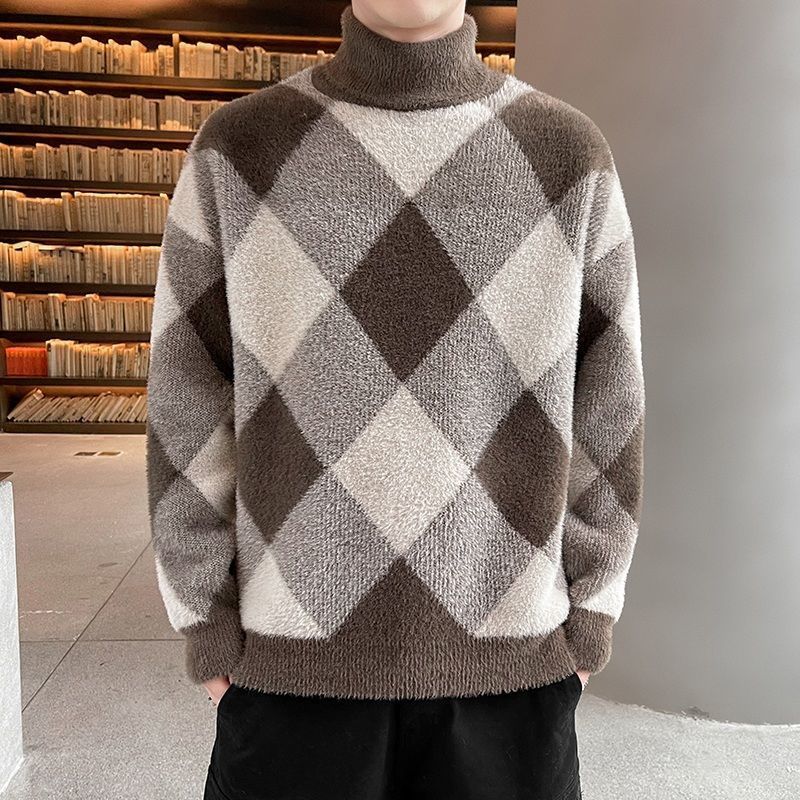 Men's Sweaters turtleneck sweater Korean version men's casual round neck winter loose lapel sweater top plus velvet to keep warm 230302