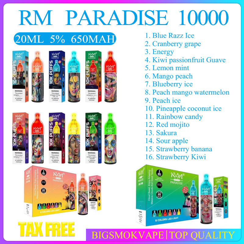 RM Paradise 10K Puffs Cloud Beast Disposable E cigarette Vape Pen 17ml Prefilled 5% Cartridge Pod Device rechargeable Battey Airflow Control vapes
RM Paradise 10K Puffs Cloud Beast Disposable E cigarette Vape Pen 17ml Prefilled 5% Cartridge Pod Device rechargeable Battey Airflow Control vapes