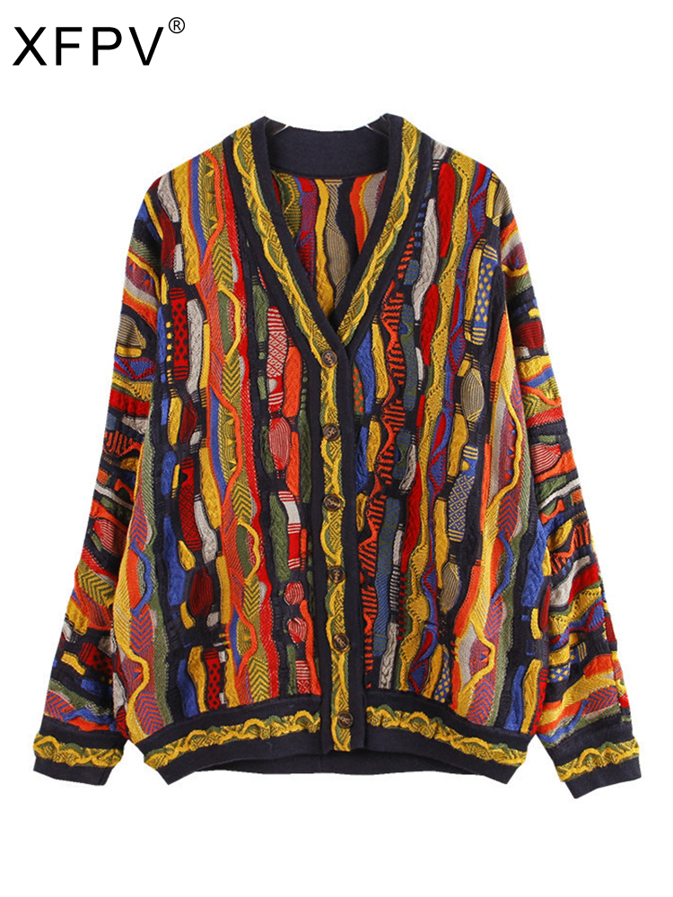 Women's Knits Tees XFPV Autumn Fashion Casual V Neck Long Sleeve Loose Multicolor Striped Slim Cardigan Kniited sweater Woman SM11890 230302