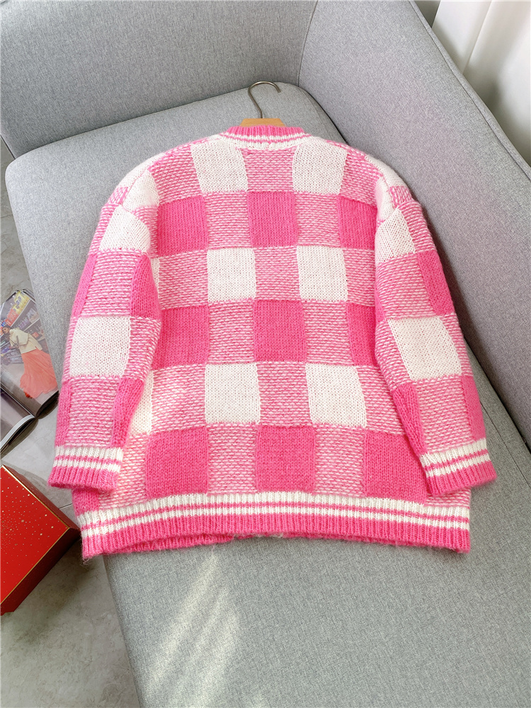 Women's Knits Tees Mohair V-neck Plaid Pink Knitted Jacket Spring Single-breasted Collision Color Loose Office Lady Cardigan Sweater 230302