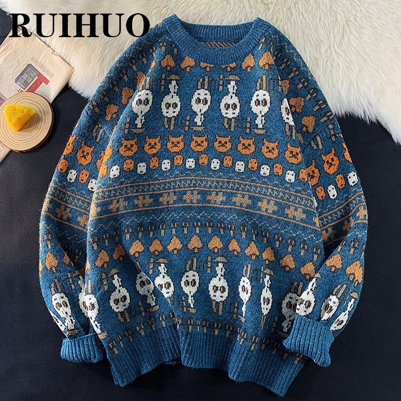 Men's Sweaters RUIHUO Knitted Sweater Men Clothing Harajuku Fashion Mens Sweaters Pullovers Retro Clothes Knitwear 2XL Arrivals 230302