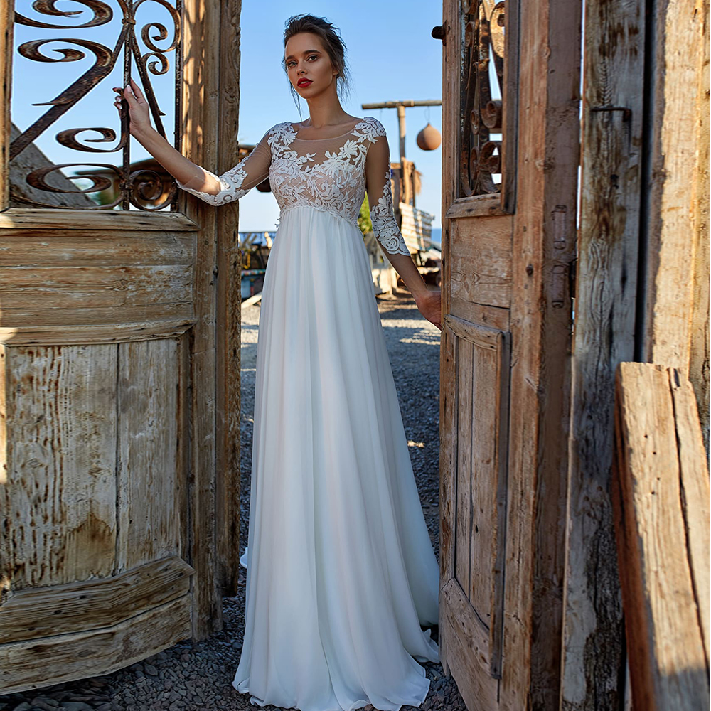 Empire Waist Wedding Dress For Pregnant A-Line Chiffon 3/4 Sleeve V-Neck Lace Appliques Brides Gowns Boho For Women 2023 Robe De Mariee