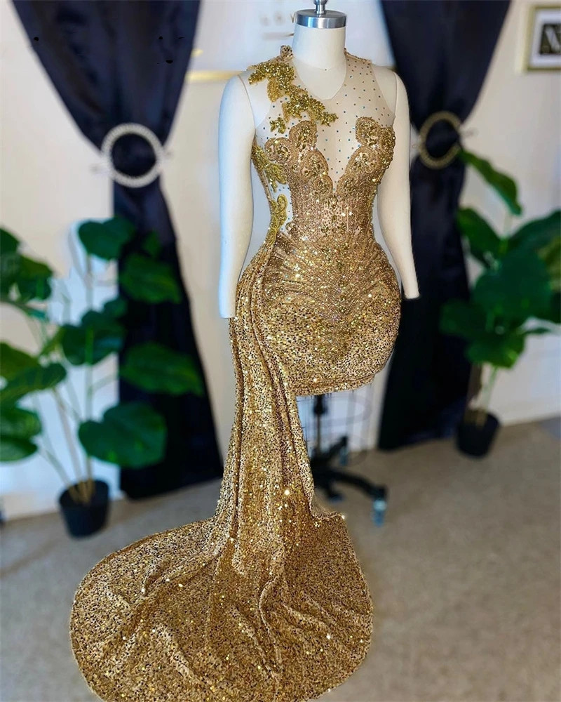 Luxury New Arrival Short Golden Prom Dresses 2023 Sequins Crystals Rhinestones Sheer Neck Mesh Party Gowns Cocktail Robe De Bal