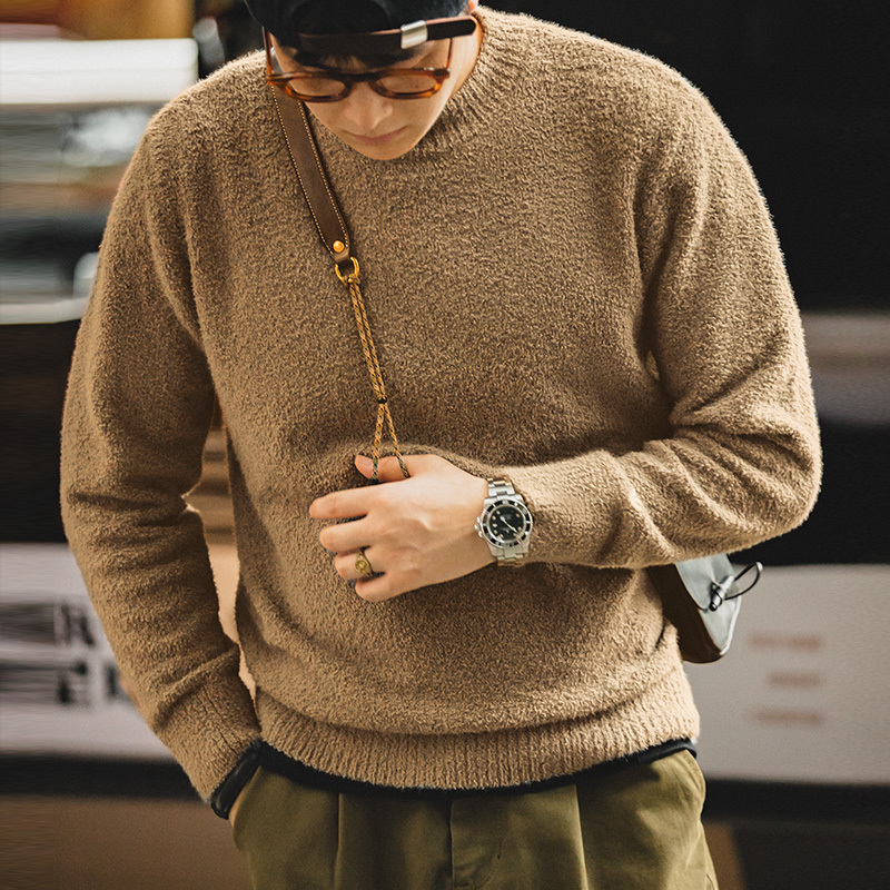 Men's Sweaters Maden Vintage Half Turtleneck Solid Color Sweater Men's Autumn and Winter Thin Fluffy Knitted Sweaters Halloween Men Pullover
