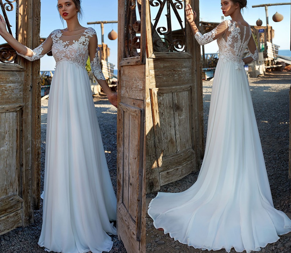 Empire Waist Wedding Dress For Pregnant A-Line Chiffon 3/4 Sleeve V-Neck Lace Appliques Brides Gowns Boho For Women 2023 Robe De Mariee