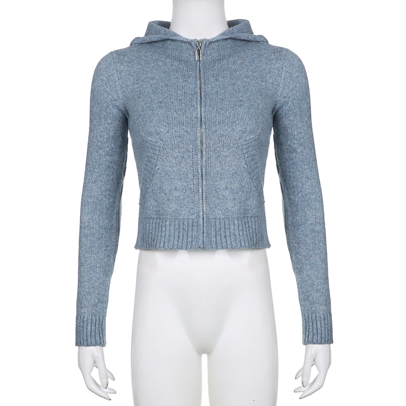 Women's Knits Tees Y2K Retro Zip Up Knitted Sweater with Hooded Chic Women Autumn Long Sleeve Slim Fit Jumpers Harajuku Grunge Vintage Cardigans 