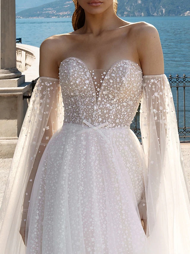 Beach Boho Wedding Dress Sweep Train A-Line Long Sleeve Strapless Tulle Bow 2023 Bridal Gowns Sexy Sequined Robe De Mariee