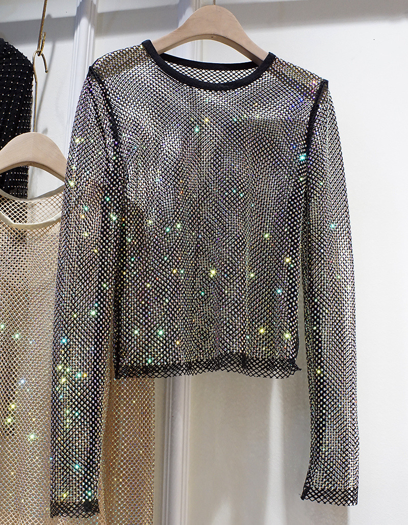 Women's TShirt Summer Ladies Temperament Round Neck Long Sleeve Bright Starlight Hollow Shiny Bottoming Shirt Top Trend 230301