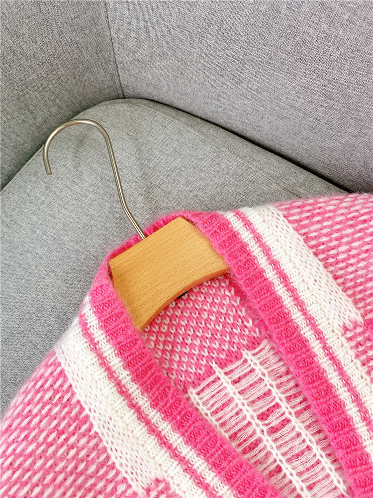 Women's Knits Tees Mohair V-neck Plaid Pink Knitted Jacket Spring Single-breasted Collision Color Loose Office Lady Cardigan Sweater 230302