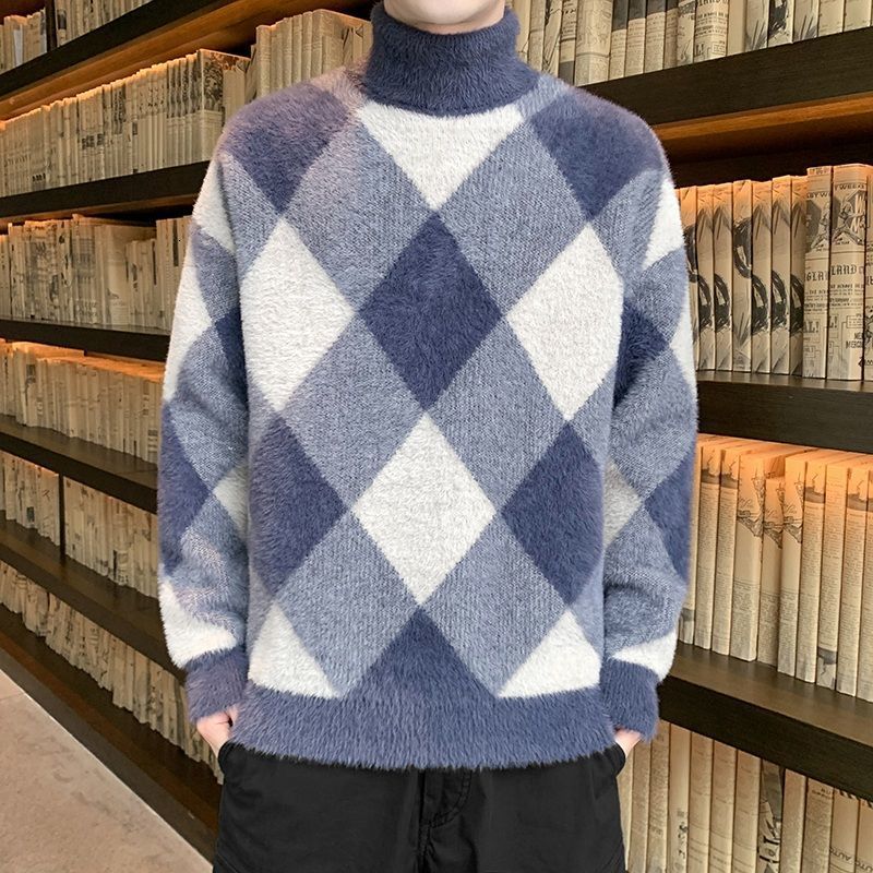 Men's Sweaters turtleneck sweater Korean version men's casual round neck winter loose lapel sweater top plus velvet to keep warm 230302