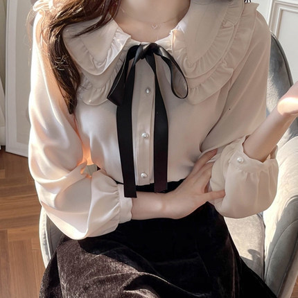 Women's Blouses Shirts fashion Doll collar Chiffon shirt Women's Long-sleeved Office lady Tops Autumn Bow tie Single-breasted Button Blouse 