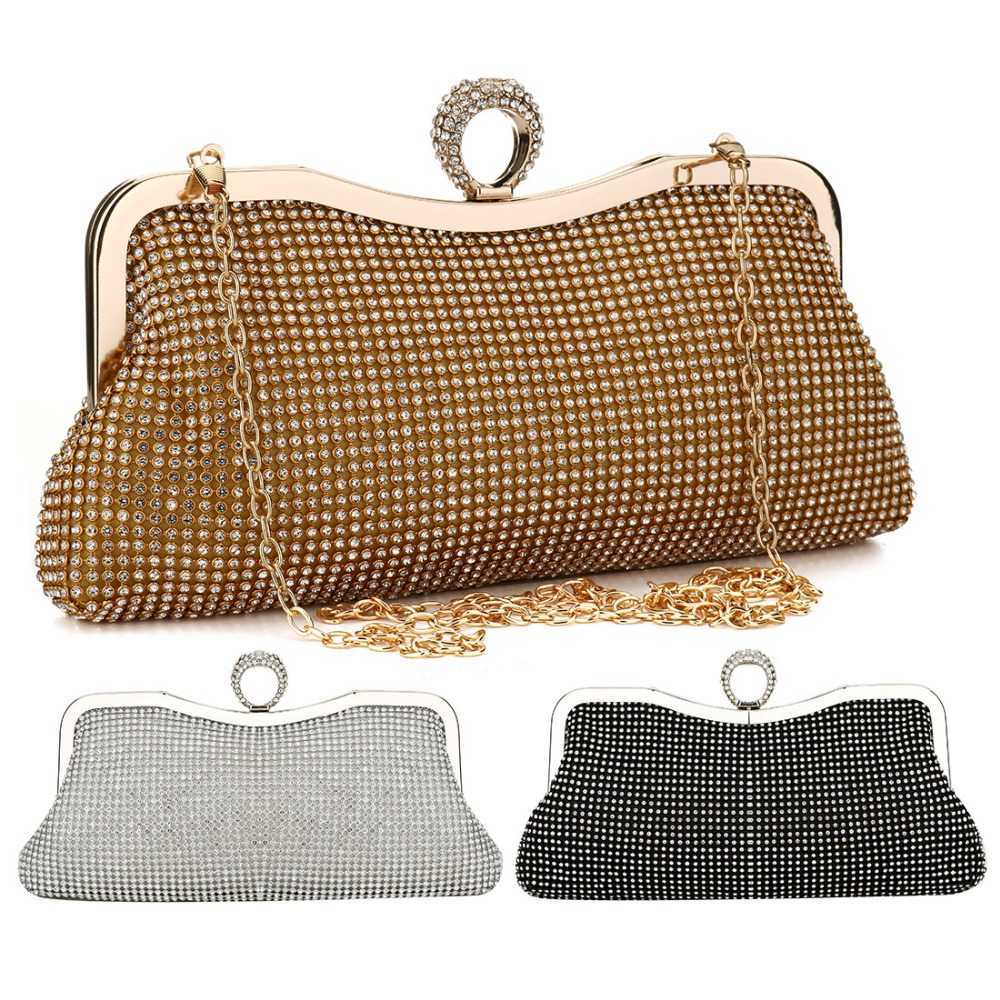 Evening Bags 2018 pequeno mini saco noite bolsa feminina elegante anel embreagem com strass festa de casamento garras corrente bolsas mulher ouroL2303