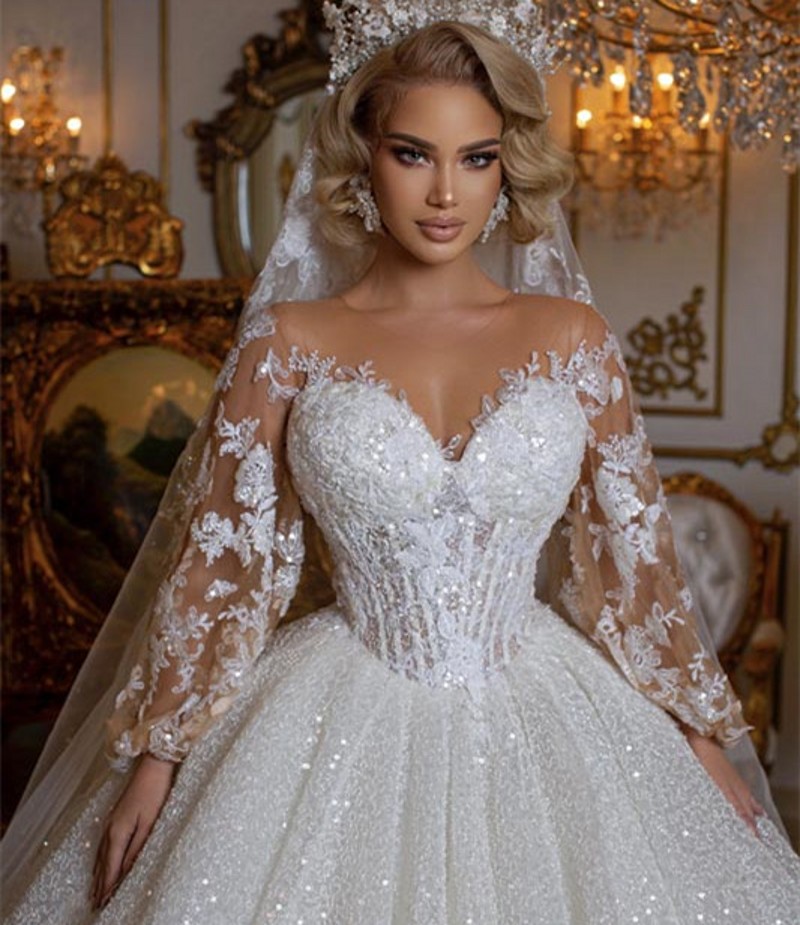 Retro Shinny Wedding Dress 2024 Sequins Lace Applique Illusion Neck Long Sleeves Bodice Bridal Gowns Dubai Vestidos De Novia