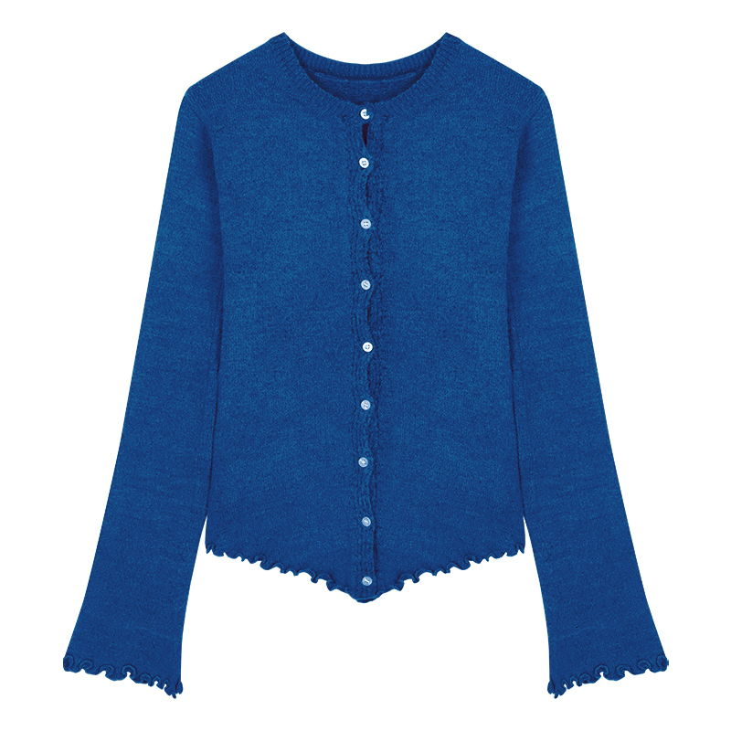 Women's Knits Tees V-neck Single-breasted Slim Blue Mohair Long-sleeved Cardigan Women Winter High Street Fashion Casual Knitted Tops 230302