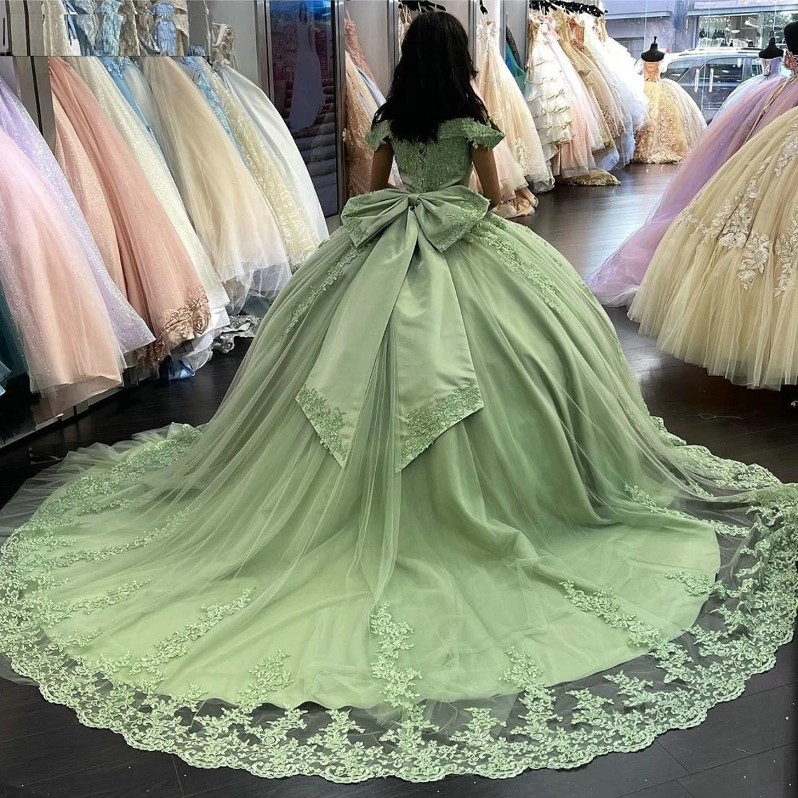 Mint Green Lace Quinceanera Dresses Bow Back Appliques Ball Gown Off The Shoulder Corset Sweet 15 Vestidos De Quinceanera Debutante Prom Party Dress