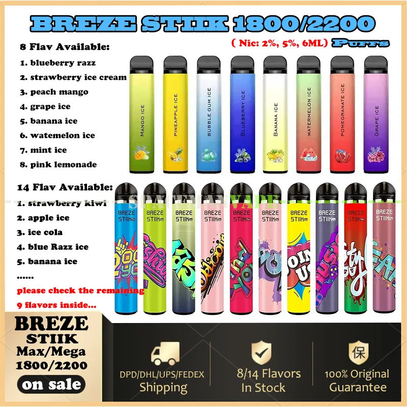Original Breze Stiik E Cigarettes Max 1800, Mega 2200 2/5% Disposable Vape Pen With 950mAh Battery 6ML Capacity 8/14 Flavors Available VS BOX, BOX PRO, FIT
Original Breze Stiik E Cigarettes Max 1800, Mega 2200 2/5% Disposable Vape Pen With 950mAh Battery 6ML Capacity 8/14 Flavors Available VS BOX, BOX PRO, FIT