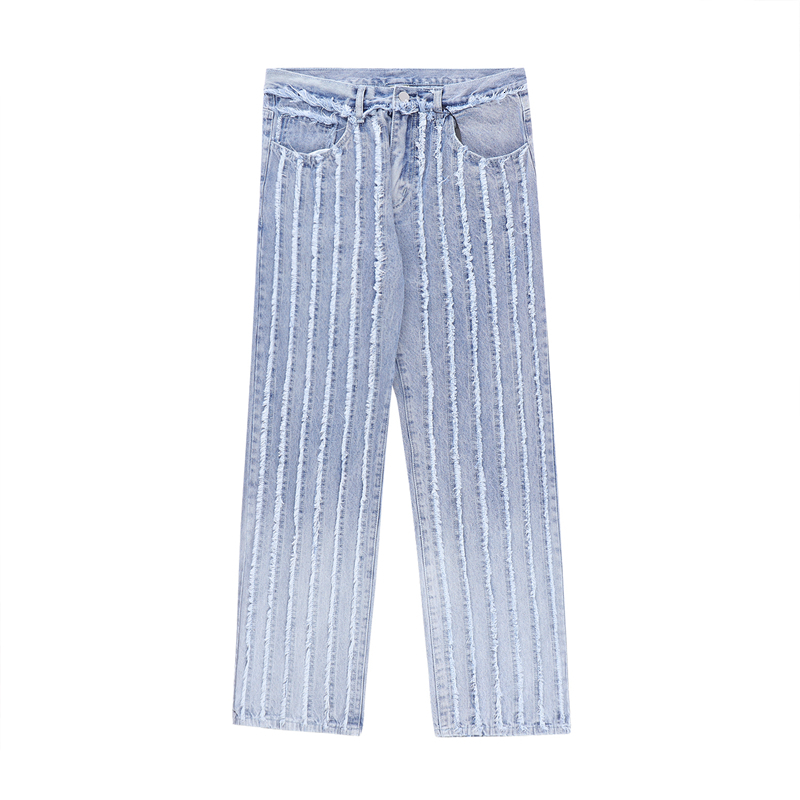Men's Jeans Gradient Color Striped Frayed Retro Casual Denim Trousers Men and Women Straight Baggy Pockets Ripped Tassel Jeans Pants 230302