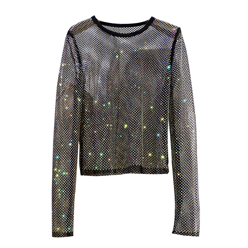 Women's TShirt Summer Ladies Temperament Round Neck Long Sleeve Bright Starlight Hollow Shiny Bottoming Shirt Top Trend 230301