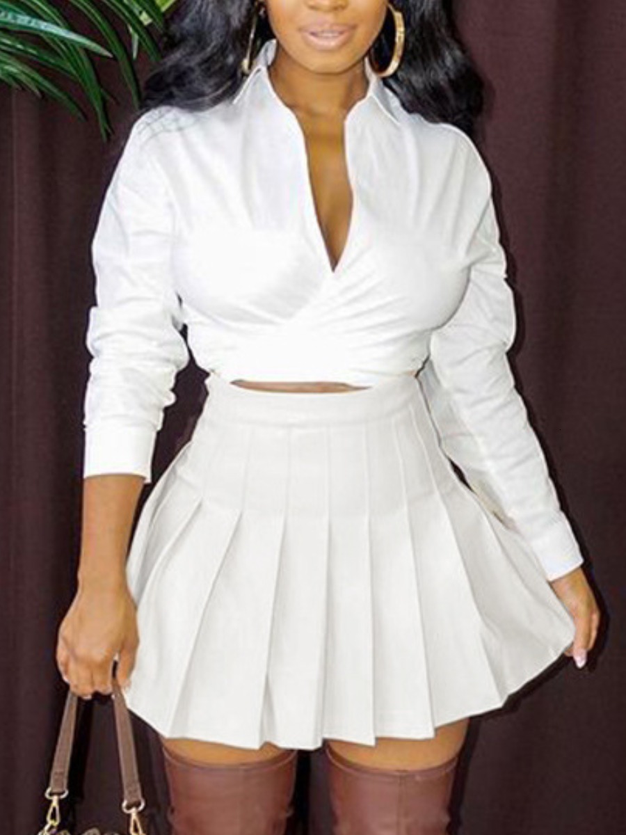 

Two Piece Dress LW Plain Pieces Skirt Set Mandarin Collar V Neck Ruched Long Sleeve Tshirt Mini Pleated Elastic Waist A line 2pcs 230302, White