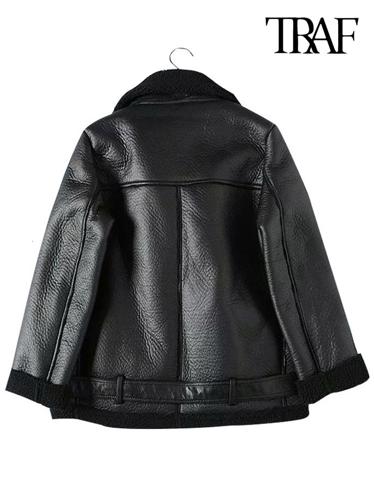 Women's Jackets TRAF Women Fashion Thick Warm Winter Fur Faux Leather Oversized Jacket Coat Vintage Long Sleeve Female Outerwear Chic Tops 230301