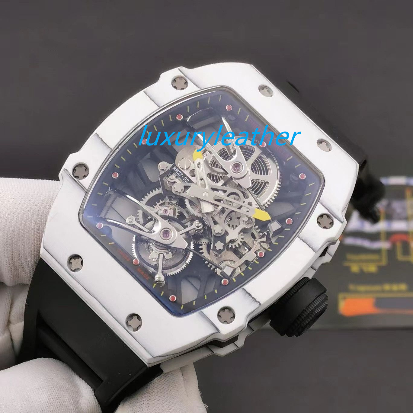 Sport Tourbillon Men's watch RM27-02 All-carbon fiber Case Sapphire Crystal Mirror Back Fast-rotating clockwork case provides up to 52 hours of power storage, As shown
Sport Tourbillon Men's watch RM27-02 All-carbon fiber Case Sapphire Crystal Mirror Back Fast-rotating clockwork case provides up to 52 hours of power storage, As shown