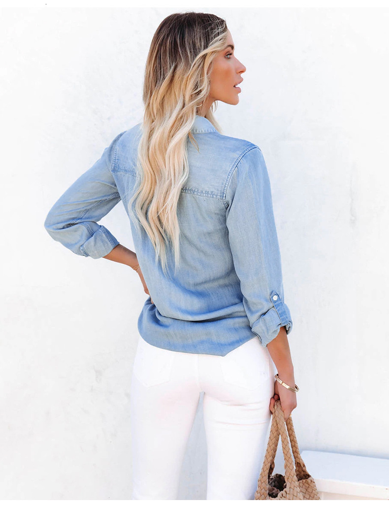 Women's Blouses Shirts Women Long Sleeve Lapel Thin Denim Shirt Fashion Mid Length Jeans Tops Street Casual Coat Clothing S-XL Drop 230302