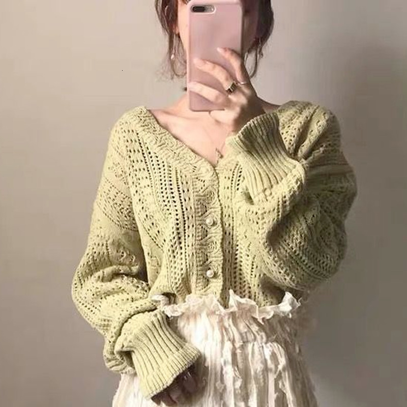 Women's Knits Tees Cardigan Women Elegant Spring Hollow Out Chic Long Sleeve Loose V-neck Feminine Tender Green White Street Outerwear Cozy Ins 2