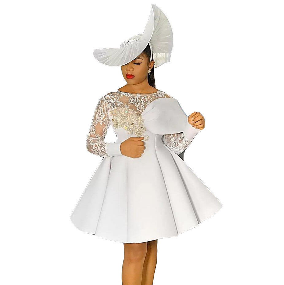 2023 Sexy White Cocktail Dresses Illusion Neck Long Sleeves Lace Appliques Crystal Beaded Short Homecoming Dress Party Dress Prom Gowns For Women