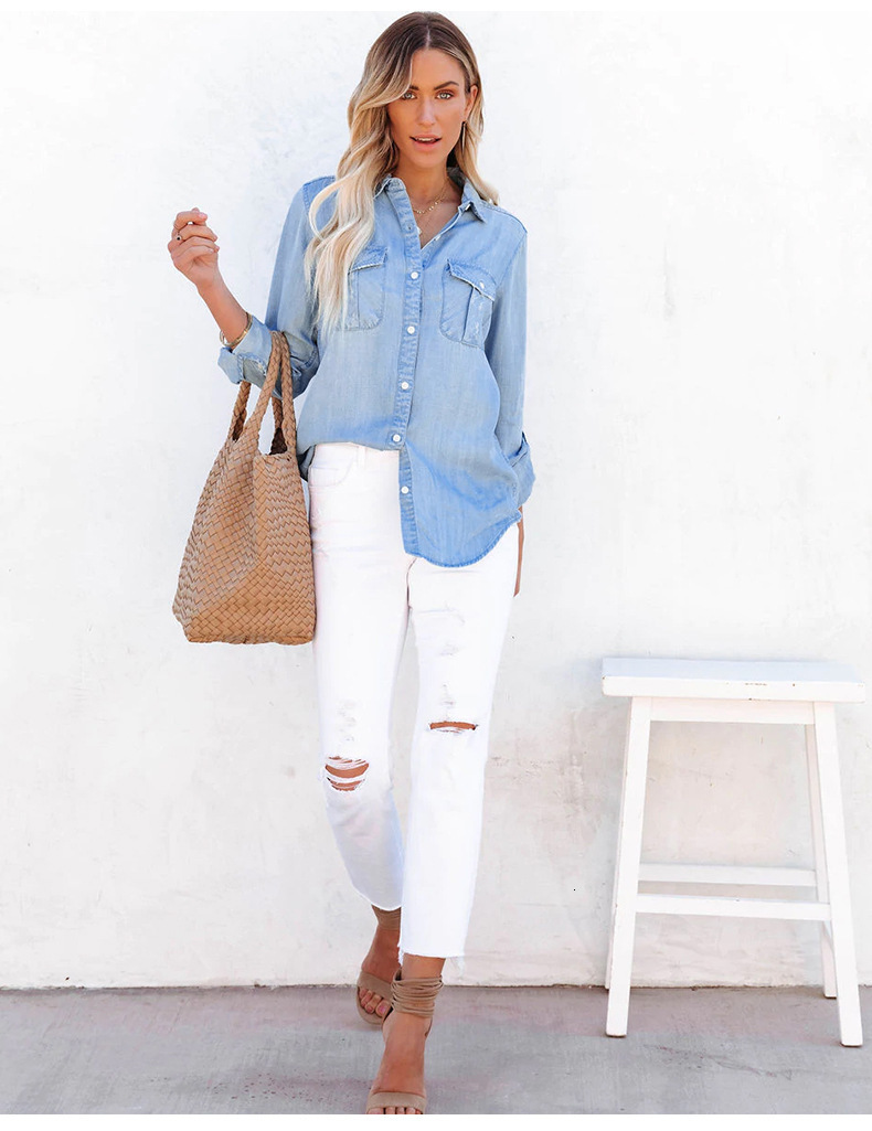 Women's Blouses Shirts Women Long Sleeve Lapel Thin Denim Shirt Fashion Mid Length Jeans Tops Street Casual Coat Clothing S-XL Drop 230302