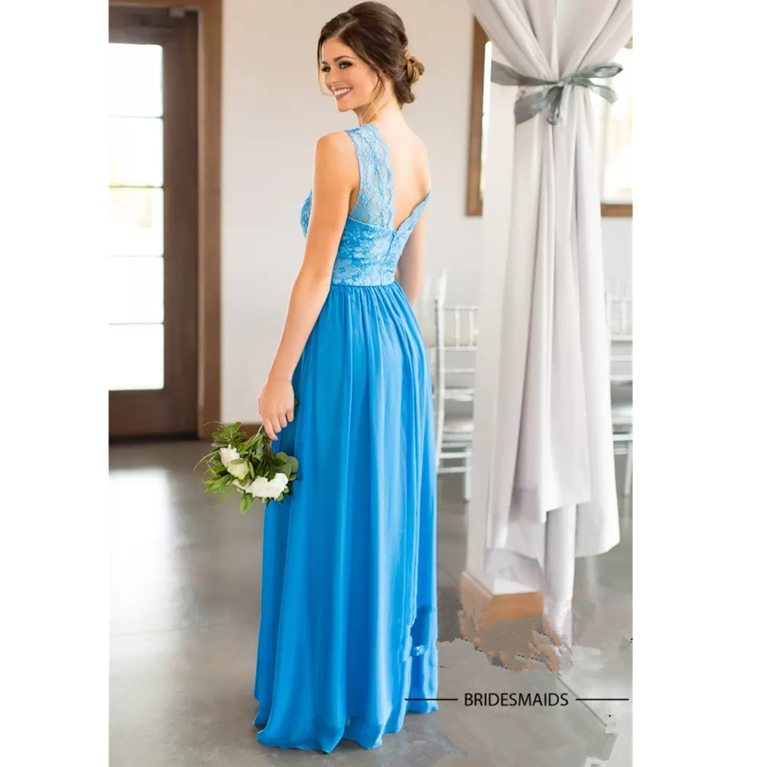 New Country Navy Blue Scoop Bridesmaid Dresses Cheap 2023 Beach Chiffon Wrinkles Lace Sheer Long Pregnant Maid of Honor Gowns
