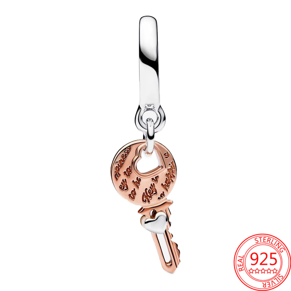 The New Popular 925 Sterling Silver Two Color Key Sliding Heart Suspension Charm Is Suitable For Bracelet Necklace Necklace Girl Valentines Jewelry Gi