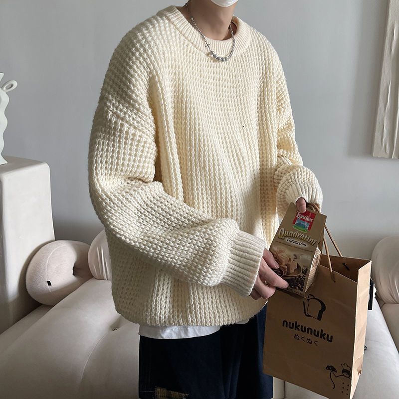 Men's Sweaters Privathinker Waffle Round Neck Sweater Oversized Solid Color Fashion Harajuku Men's Jumpers Autumn Casual Knitted Pullovers 2