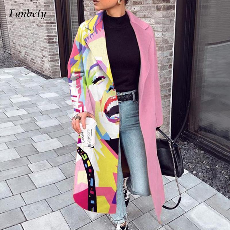 Women's Trench Coats Fall Winter Elegant Women Fashion Lapel Collar Button Long Tops Outwear Casual Pattern Colorful Print Patchwork Cardigan Coa