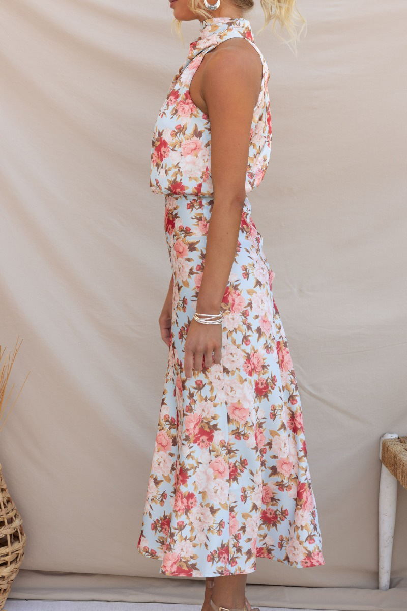 Women Casual Dresses Satin Floral Print Sleeveless Halter Neck Long A-Line Dress
