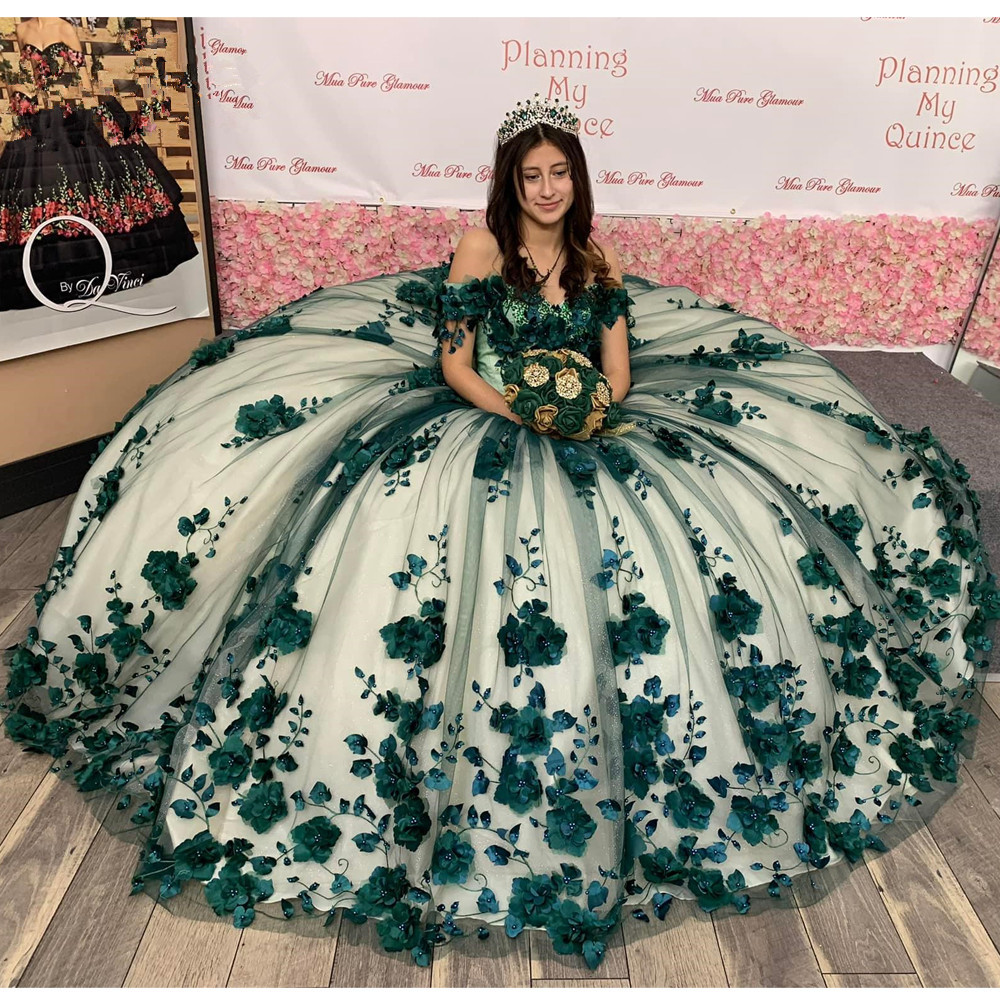 Hunter Green Princess Quinceanera Dresses 3D Flowers Beads Applique Lace-up corset Sweet 15 Dress with bear Party Wear Xv Anos