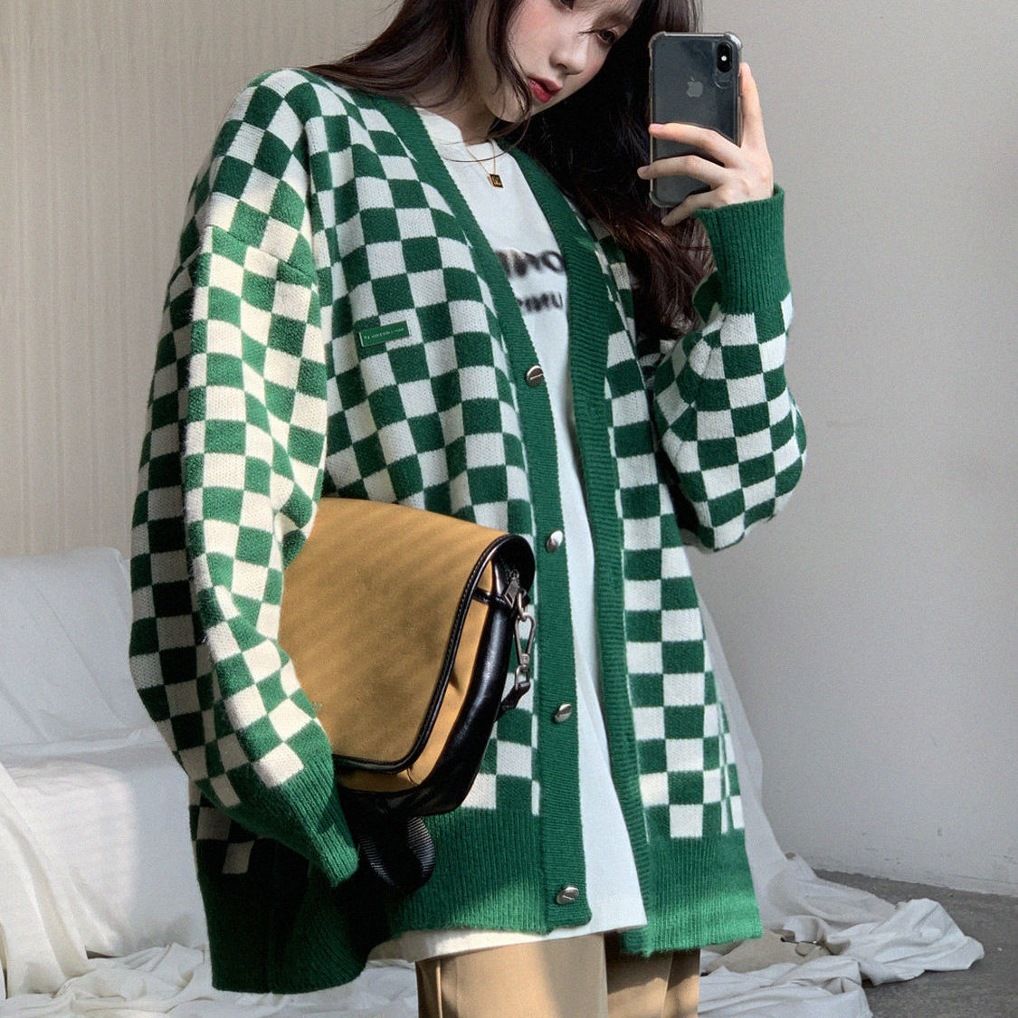 Women's Knits Tees checkerboard Cardigans women Long Sleeve Knitted Sweater Women Korean Pink Sweaters Cardigan Female Jacket with Buttons 230302
