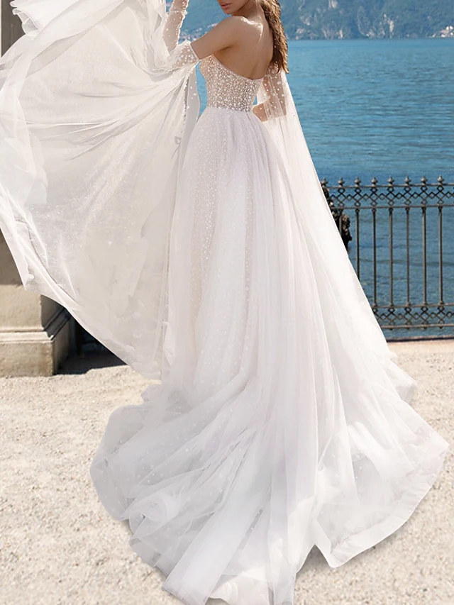 Beach Boho Wedding Dress Sweep Train A-Line Long Sleeve Strapless Tulle Bow 2023 Bridal Gowns Sexy Sequined Robe De Mariee