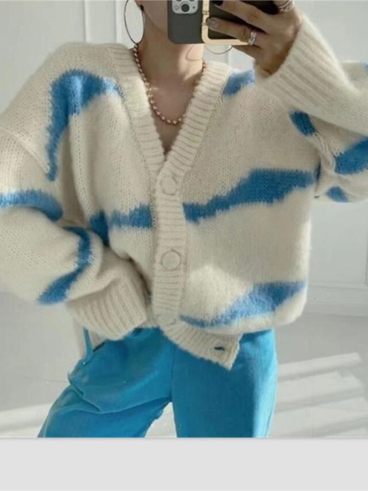 Women's Knits Tees Women Loose Striped Sweaters Korea Loose V-neck Long Sleeve Knitting Cardigan Jacket Outfits Blusa Frio Feminina Tops Mujer 23
