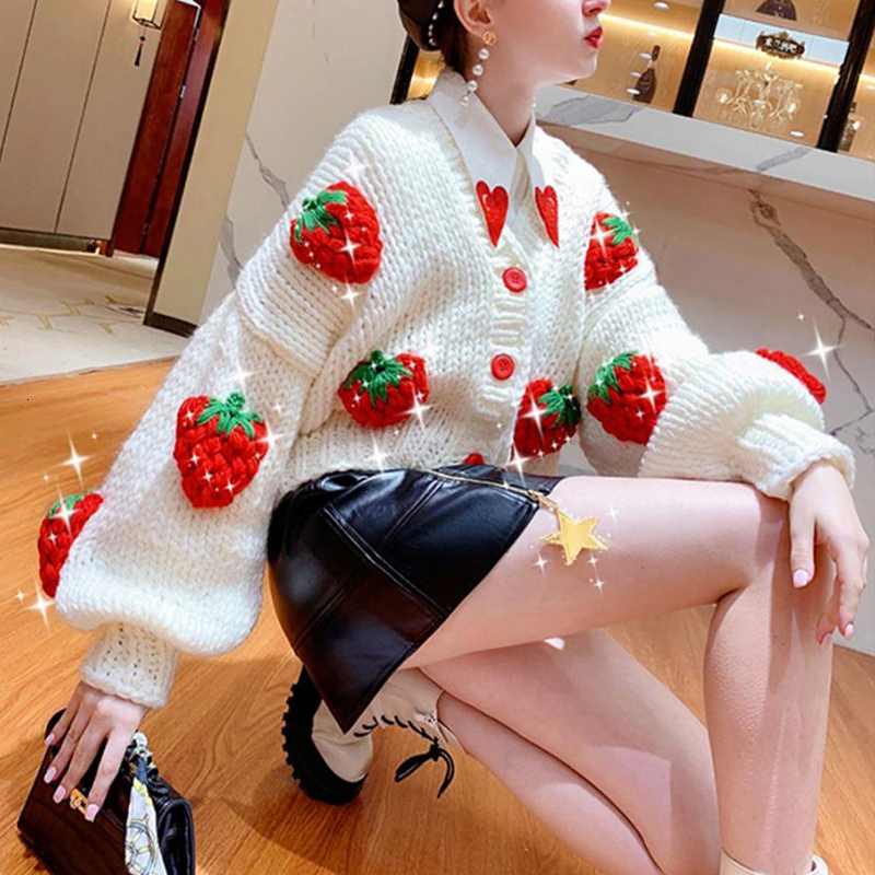 Women's Knits Tees Cute Strawberry Women Cardigan Sweater Winter Loose Fashion V Neck Hand 3D Knitting Ladies Jumper Casual Female Coats 230302