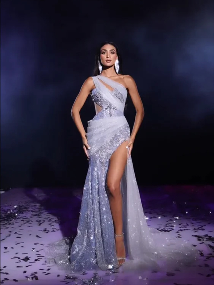 Party Dresses Mermaid Beading High Split Evening Dress With Lace One Shoulder Sleeveless Sparkling Prom Gowns For Women 230301